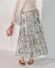 Silk Botanical Print Tiered Maxi Skirt