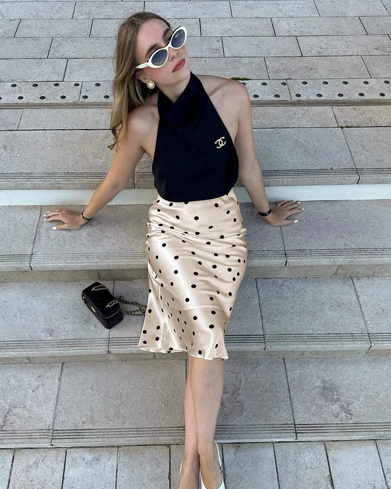 Polka Dot Silk Midi Skirt, Champagne and Black