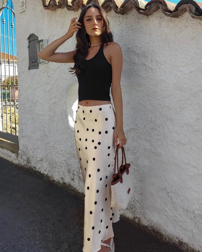 Polka Dot Silk Midi Skirt, Champagne