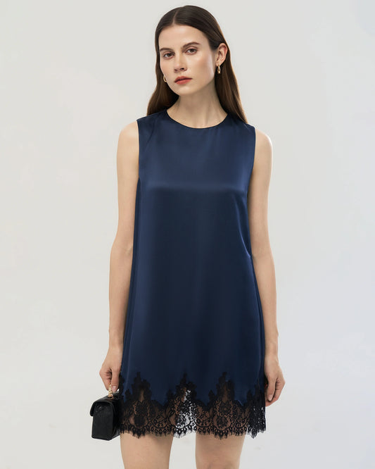 22 Momme Navy Silk Mini Dress with Lace Hem