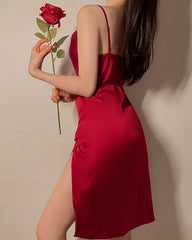 High Waist Pleated Silk Nightgown, Red