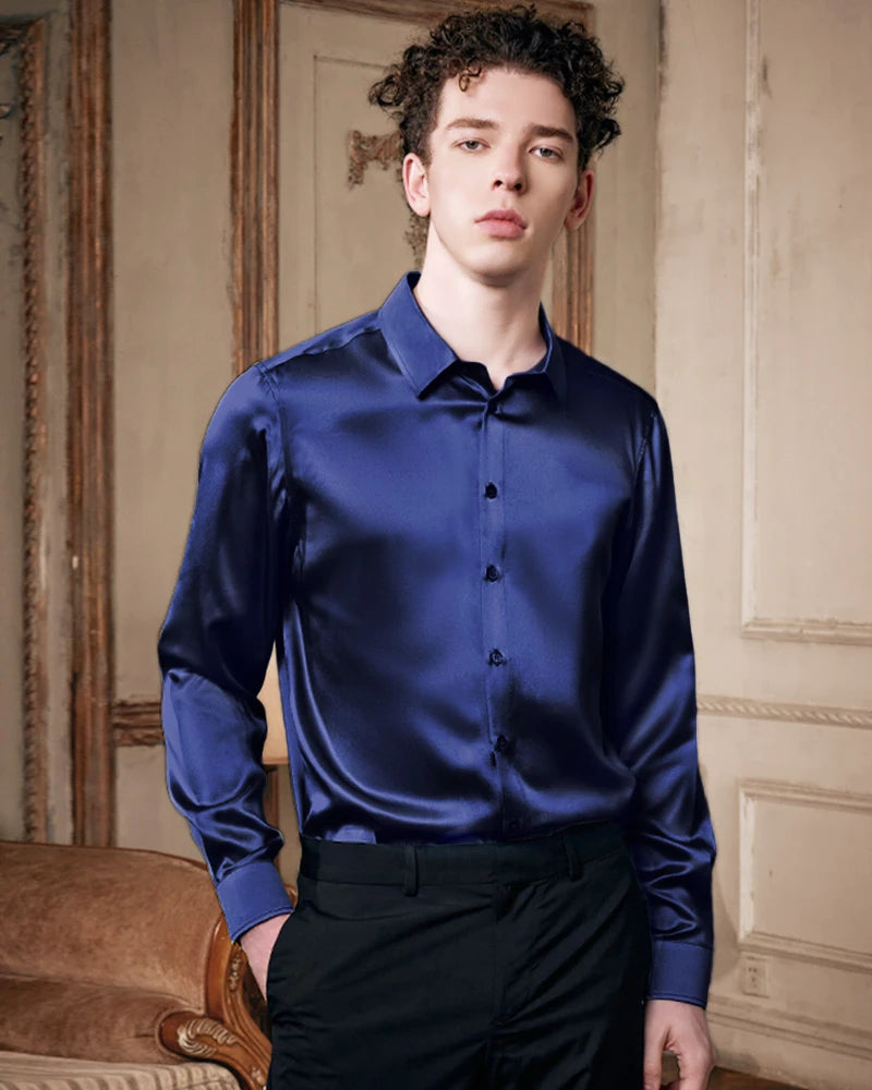 Men's Washable Long Sleeve Silk Shirt, Navy