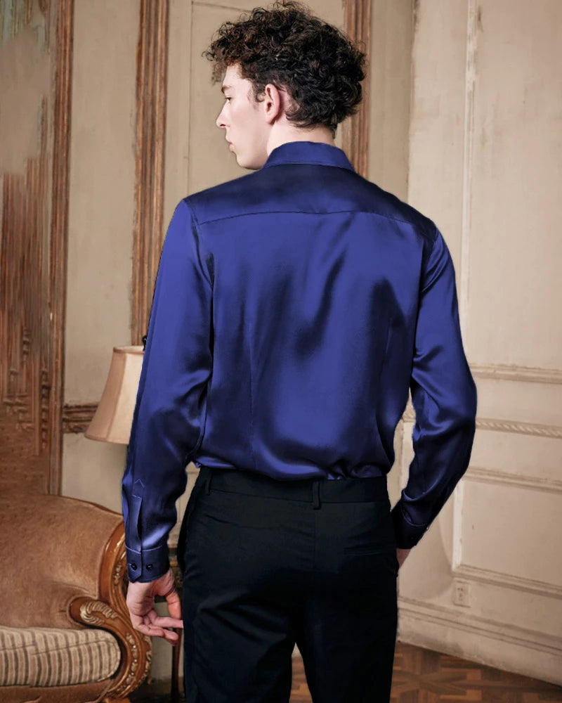 Men's Washable Long Sleeve Silk Shirt, Navy