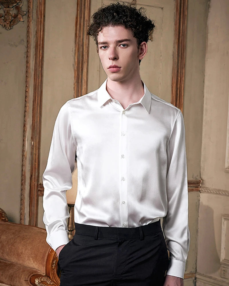 Men's Washable Long Sleeve Silk Shirt, White