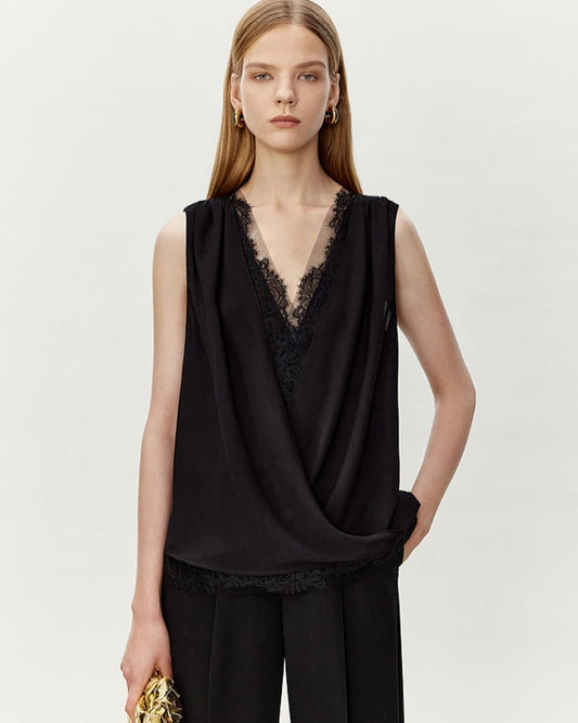Silk Lace Trim V Neck Sleeveless Top