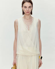 Silk Lace Trim V Neck Sleeveless Top