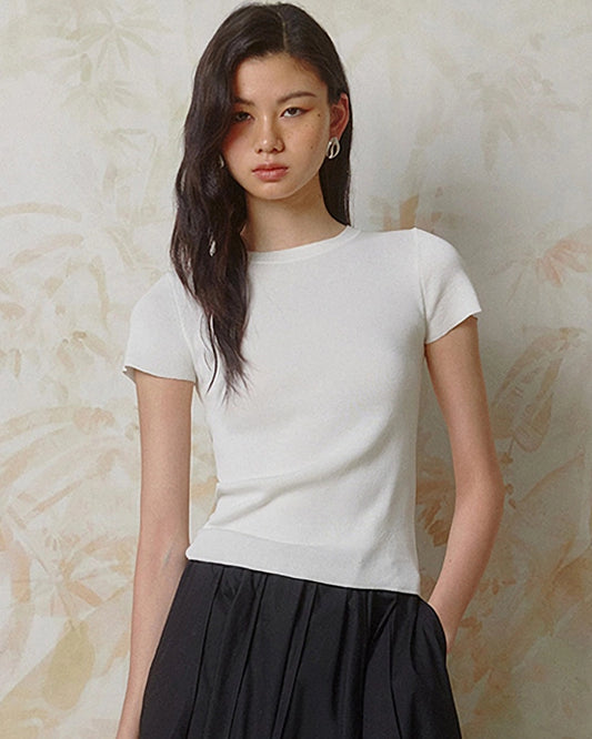 Women’s Fitted Silk Jersey Crew Neck, White