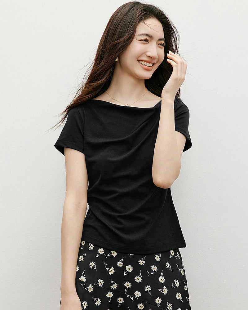 Women’s Silk Draped Neck Tee, Black