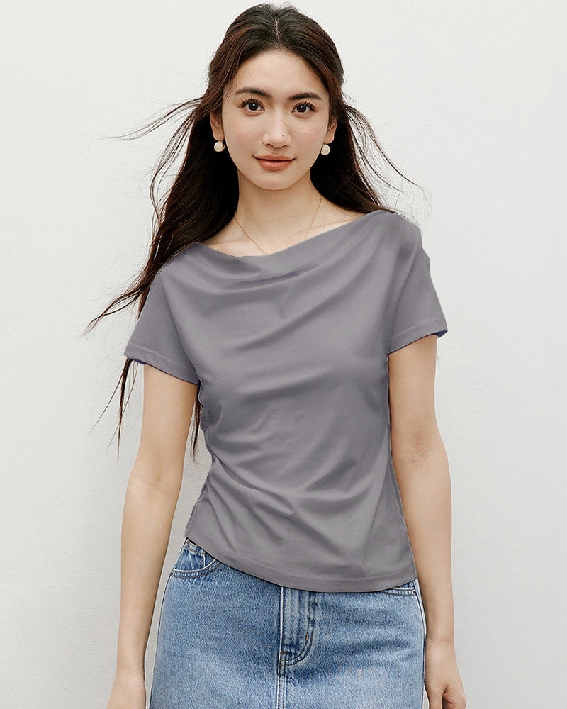 Women’s Silk Draped Neck Tee, Grey