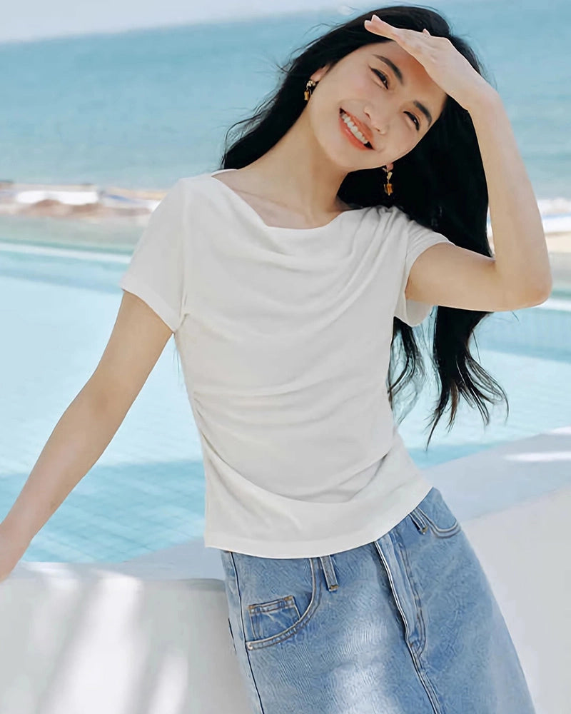 Women’s Silk Draped Neck Tee, White