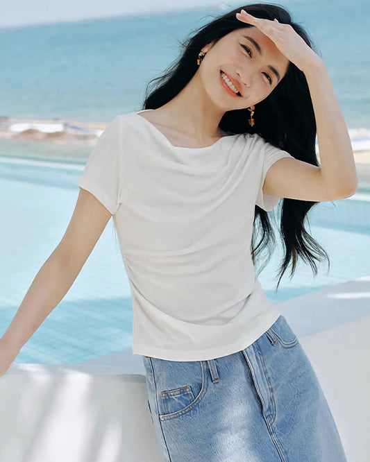 Women’s Silk Draped Neck Tee, White