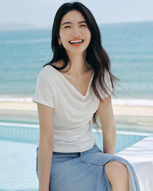 Women’s Silk Draped Neck Tee, White