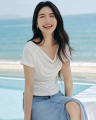 Women’s Silk Draped Neck Tee, White