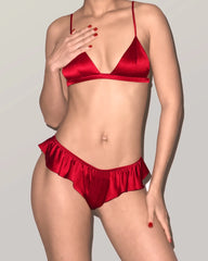 Silk Wireless Triangle Bra and Ruffle Thong Set