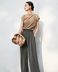Triacetate High Waisted Pleated Straight Leg Trousers