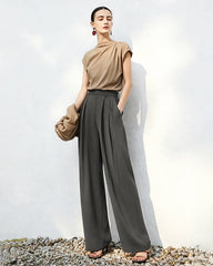 Triacetate High Waisted Pleated Straight Leg Trousers