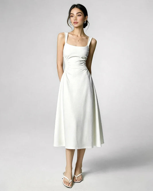 Triacetate Square Neck Pleated Waist Midi Dress
