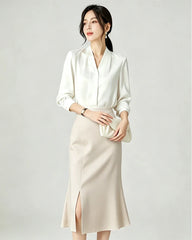 Triacetate High Waist Slit Hem Skirt