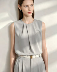 Triacetate Pleated Crew Neck Sleeveless Blouse