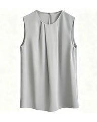 Triacetate Pleated Crew Neck Sleeveless Blouse