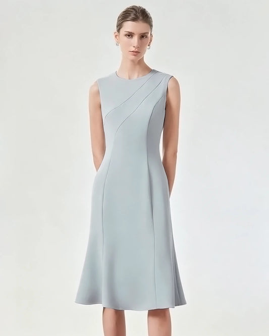 Triacetate Sleeveless Midi Dress with Fluted Hem