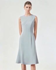 Triacetate Sleeveless Midi Dress with Fluted Hem