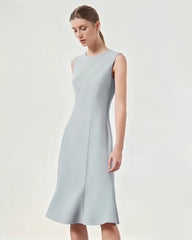 Triacetate Sleeveless Midi Dress with Fluted Hem