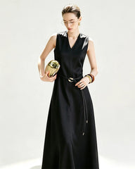 Triacetate V Neck A Line Maxi Dress with Silk Lining