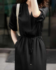 Silk Shirt Dress with Drawstring Waist, Black