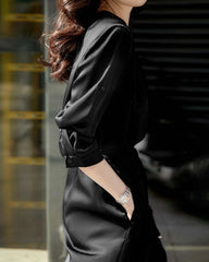 Silk Shirt Dress with Drawstring Waist, Black