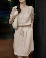 Silk Shirt Dress with Drawstring Waist, Champagne