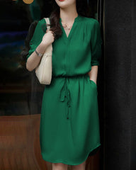Silk Shirt Dress with Drawstring Waist, Dark Green
