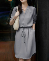 Silk Shirt Dress with Drawstring Waist, Grey
