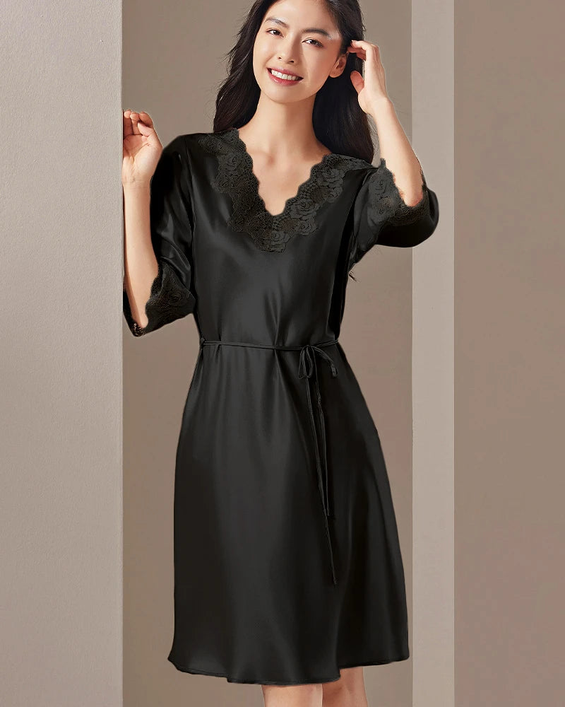 Washable Silk Lace Trim Nightgown, Black