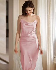 Long Washable Silk Slip Nightgown, Pink