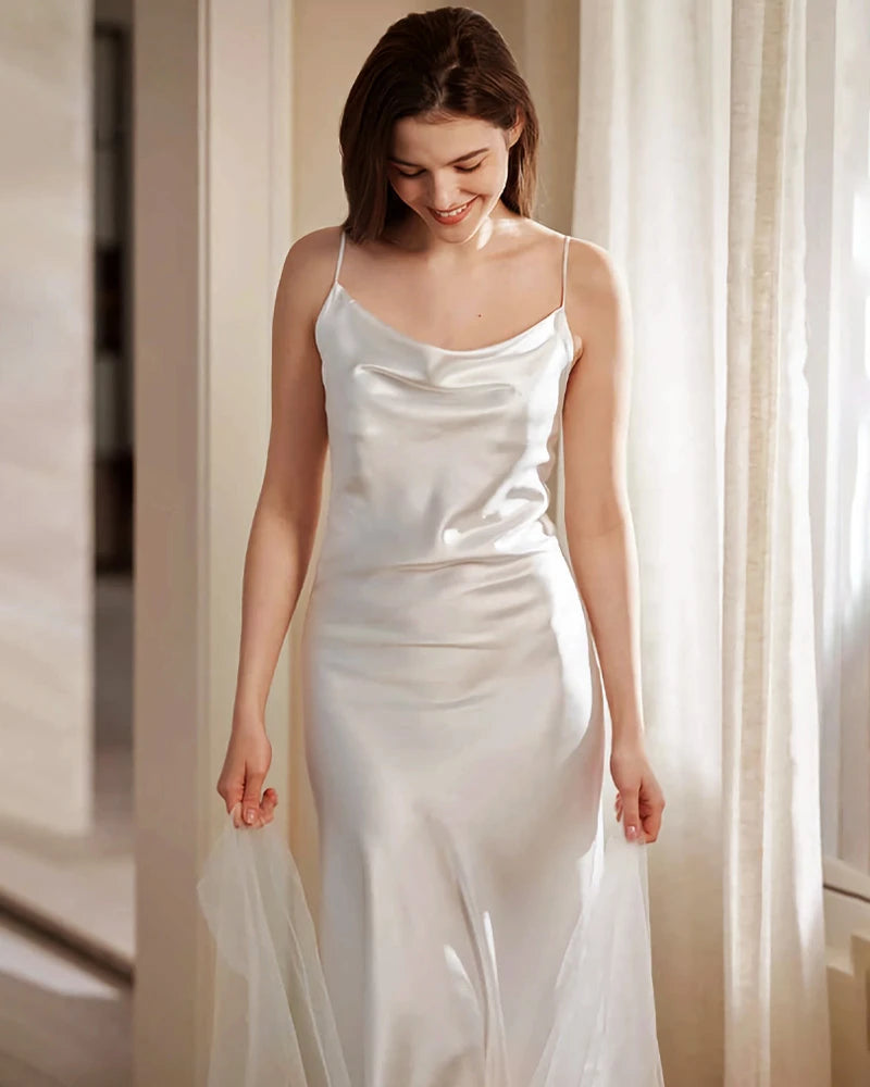 Long Washable Silk Slip Nightgown, White