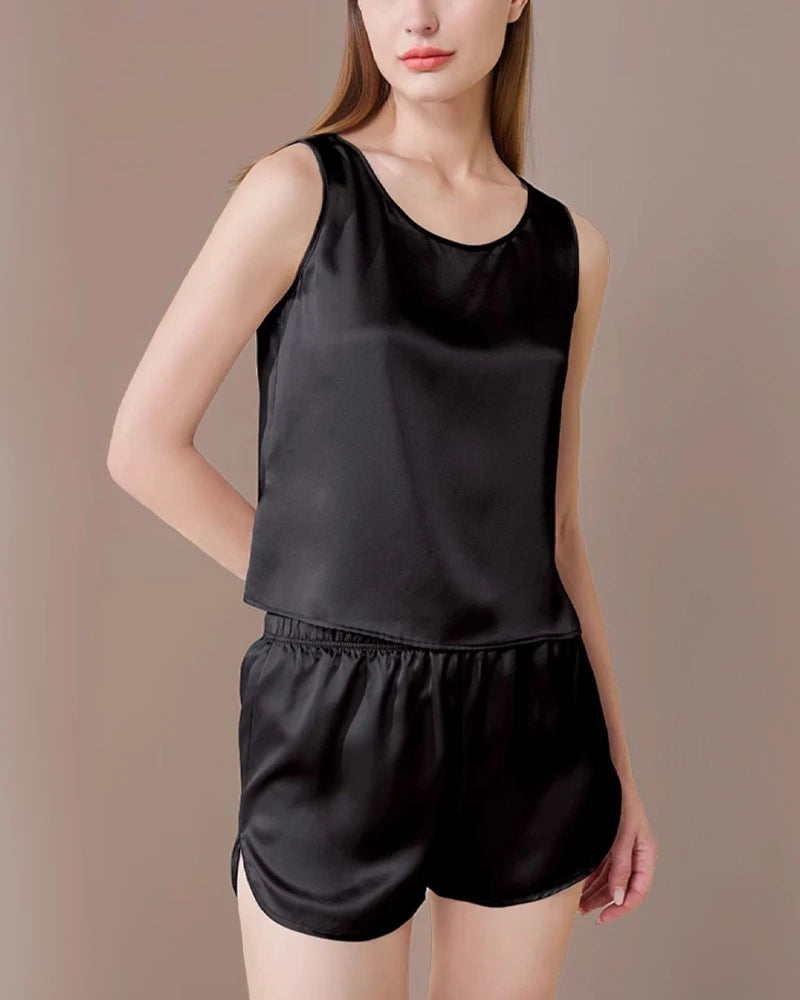 Washable Silk Pajama Tank Top Set, Black