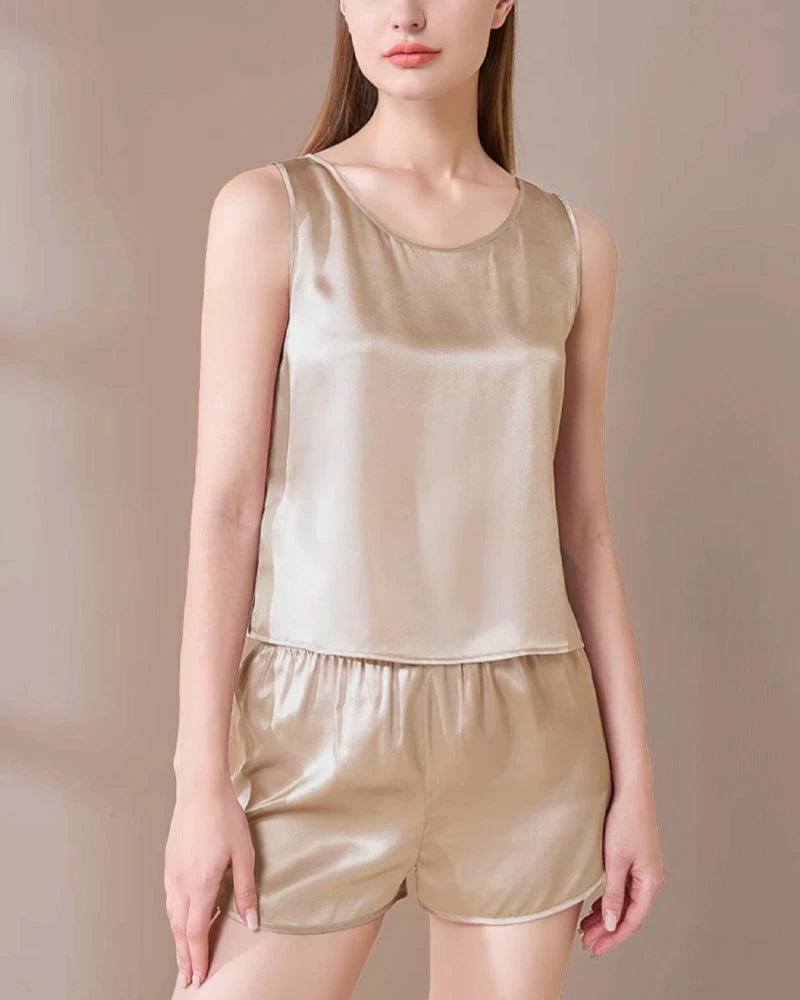 Washable Silk Pajama Tank Top Set, Champagne