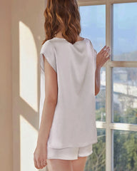 Washable Silk Short Sleeve Pajama Set, White