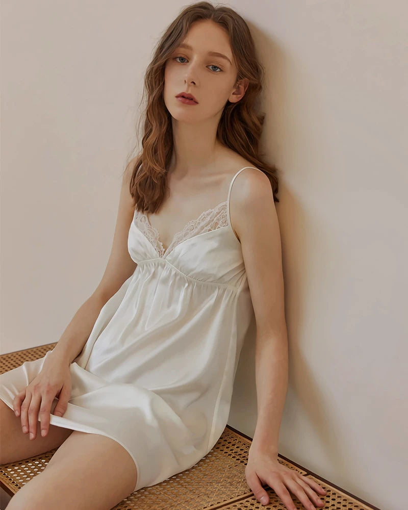 Washable Silk Lace Nightgown, White