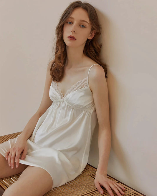 Washable Silk Lace Nightgown, White