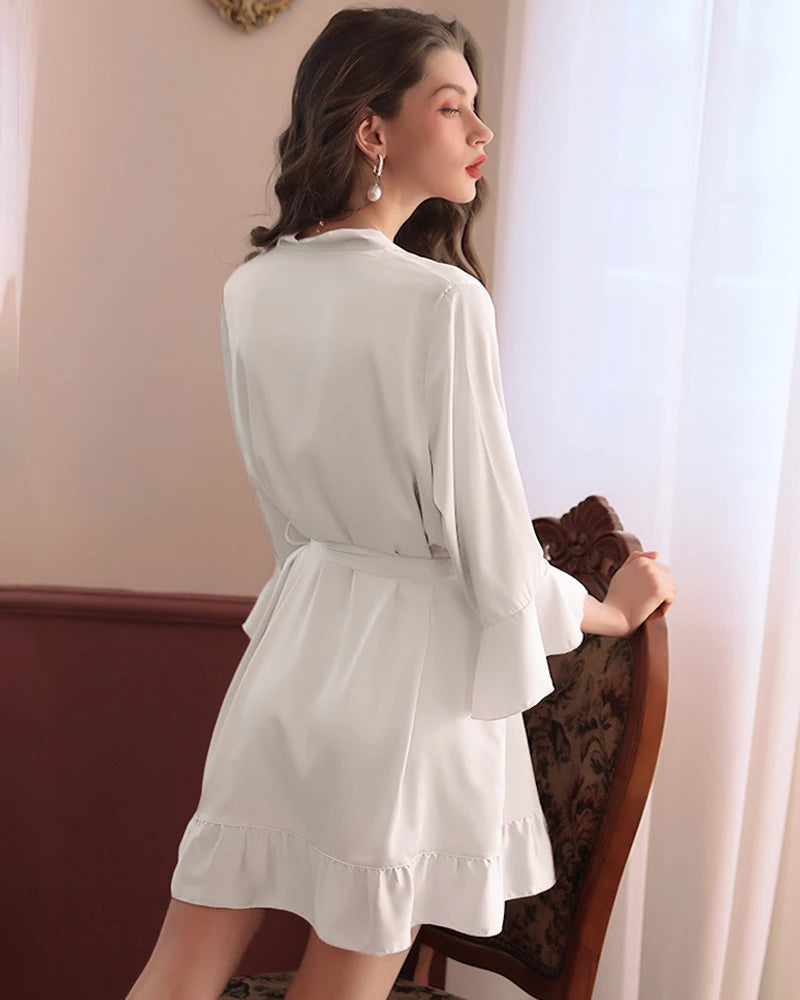 Washable Ruffle Bridal Robe Short Silk Robes, White