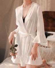 Washable Ruffle Bridal Robe Short Silk Robes, White