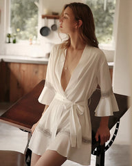 Washable Silk Robe with Lace and Ruffles, White