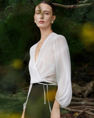 Surplice Neck Wrap Silk Blouse, White