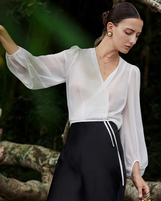 Surplice Neck Wrap Silk Blouse, White