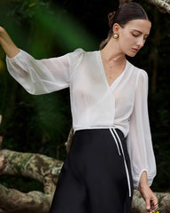 Surplice Neck Wrap Silk Blouse, White