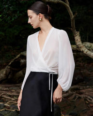 Surplice Neck Wrap Silk Blouse, White