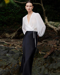 Surplice Neck Wrap Silk Blouse, White