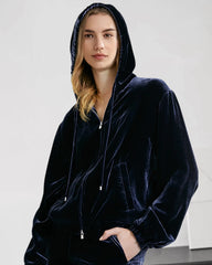 Silk Velvet Zip-up Hooded Pajamas, Navy